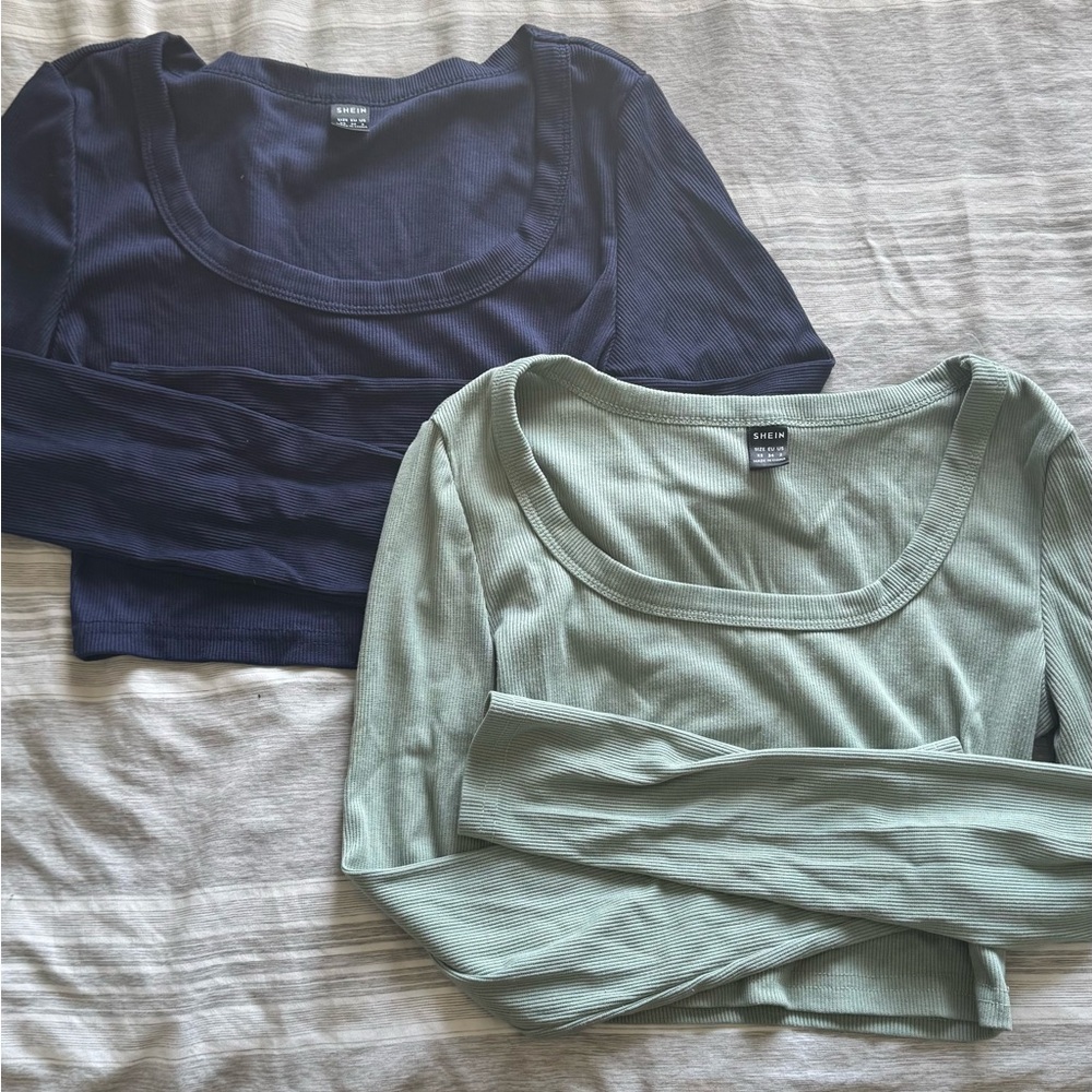 SHEIN Ribbed Scoop Neck Long Sleeve Tops - Navy & Sage (2-Pack)
